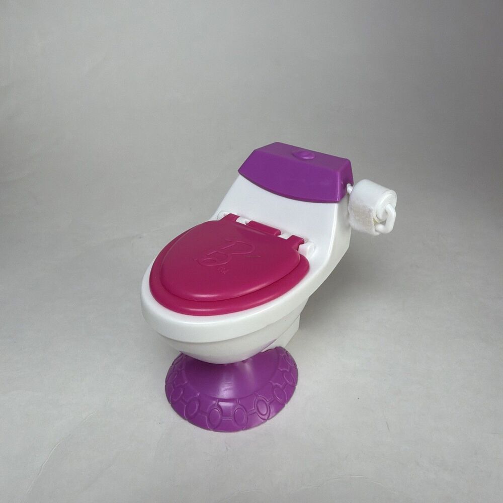 2010 Mattel Barbie Toilet w Toilet Paper Roll Plastic Pink White Purple